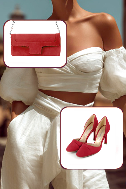 Dress pumps open arch in cardinal red leather with high slim heels and round toe - Worn view